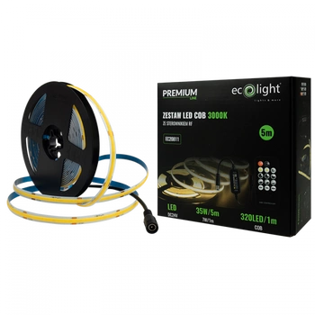 Taśma LED Pasek COB 7W/m 630lm/m 320LED/m 24V 3000K Ciepła IP20 Rolka 5m + Zasilacz + Pilot Ecolight