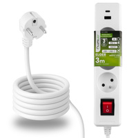 Przedłużacz Sieciowy Kabel z Uziemieniem Listwa Zasilająca 3 Gniazda 3m Włącznik ON/OFF Biały USB + USB-C Sznur ELGER Lumiled