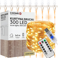 Kurtyna Świetlna Lampki Świąteczne Druciki 300LED Ciepły Biały 3+3m