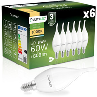 6x Żarówka LED E14 Świeczka BA35 8W = 60W 806lm 3000K Ciepła 180° LUMILED